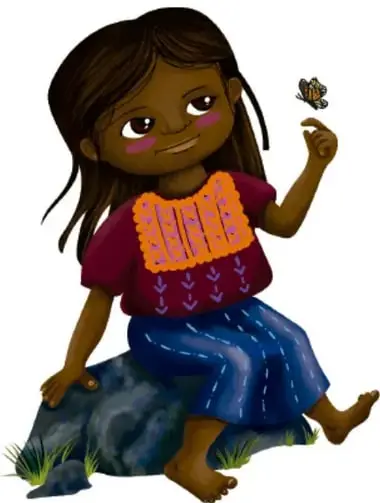 Niña de pueblo originario sentada sobre una roca, con blusa bordada y falda azul, observando una mariposa monarca.