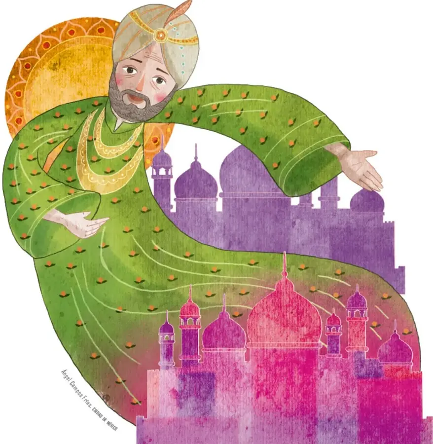 Ilustración del rey Ladava con turbante y túnica verde muy larga cuyos brazos envuelven siluetas de palacios morados, violetas y rosas con cúpulas y torres; fondo dorado decorativo. Firma: Ángel Campos Frías, ciudad de México.