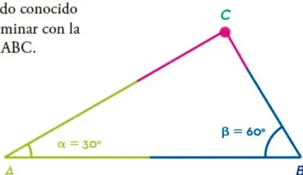 Triángulo $ABC$ con ángulo $\alpha = 30^\circ$ en el vértice $A$ y ángulo $\beta = 60^\circ$ en el vértice $B$.