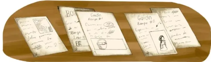 Cuatro hojas de borrador con dibujos y anotaciones sobre una mesa de madera.