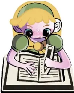 Ilustración de una niña con cabello rubio y audífonos verdes escribiendo en un libro abierto.