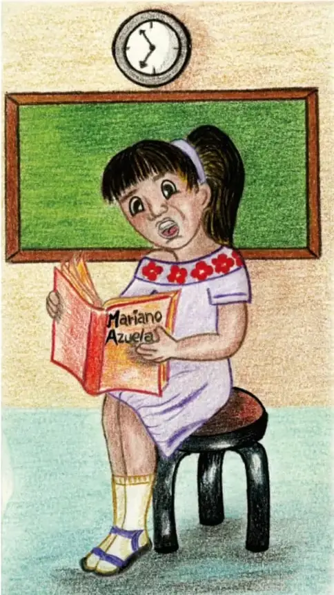 Ilustración de una niña sentada en un banco, leyendo un libro titulado 'Mariano Azuela' frente a un pizarrón verde. Viste un vestido blanco con flores rojas y sandalias. En la pared hay un reloj. La escena representa la preparación para el recital literario.