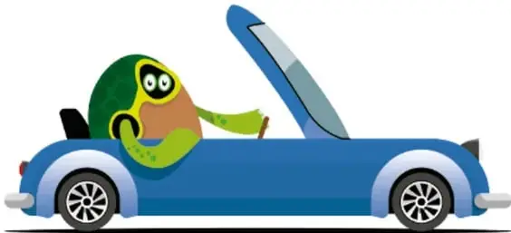 Ilustración de un auto convertible azul con una tortuga al volante en su posición inicial, junto a un reloj que marca el inicio.