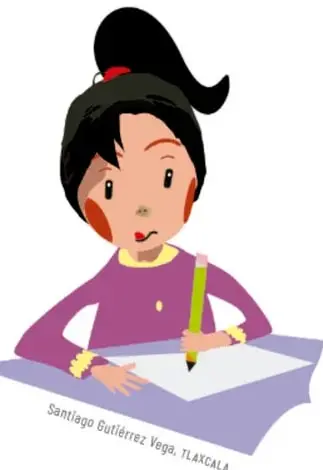 Ilustración de una niña escribiendo en una hoja, con crédito Santiago Gutiérrez Vega, TLAXCALA.