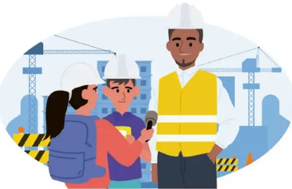 Estudiantes entrevistando a un trabajador de construcción con casco y chaleco amarillo, con grúas y obras al fondo. Crédito: Isar Emmanuel Díaz Rojas, Guanajuato.