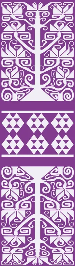 Patrón decorativo prehispánico en color blanco sobre fondo morado, con formas geométricas simétricas que recuerdan grecas y motivos vegetales.
