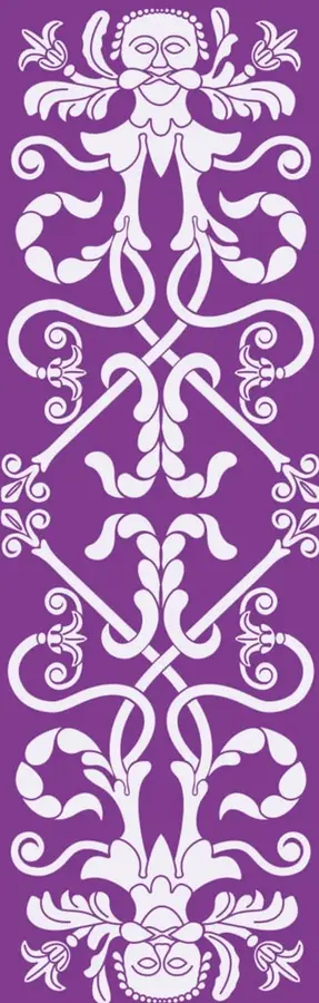 Ilustración decorativa de estilo tradicional mexicano (arte popular) con figuras simétricas de aves, flores y rostros estilizados en blanco sobre fondo morado.