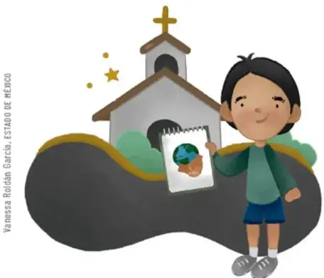 Ilustración de un niño sosteniendo un folleto con una imagen de la Tierra, junto a una iglesia y estrellas.