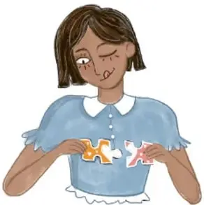 Ilustración de una niña que une piezas de rompecabezas, símbolo de la búsqueda de integridad.