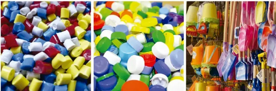 Tres fotografías: granos de plástico de colores, tapas de botellas plásticas de colores y productos plásticos (cubetas, escobas, utensilios) colgados en un puesto de venta.