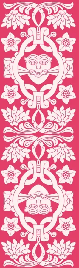 Ilustración decorativa en blanco sobre fondo rosa con motivos florales y dos rostros estilizados enmarcados en óvalos, de inspiración indígena mexicana.