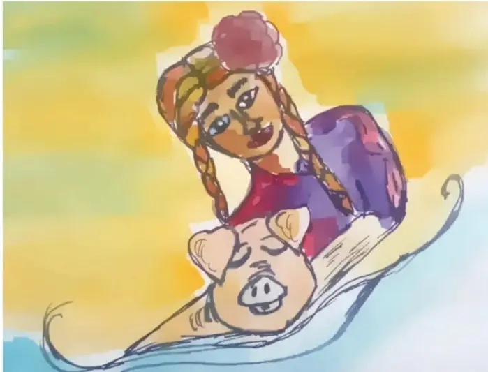 Ilustración de una niña con trenzas y moño rojo que sostiene y abraza a un cerdito rosado; fondo en tonos amarillos, azules y morados. Crédito: Perla Guadalupe Álvarez García, Tlaxco.