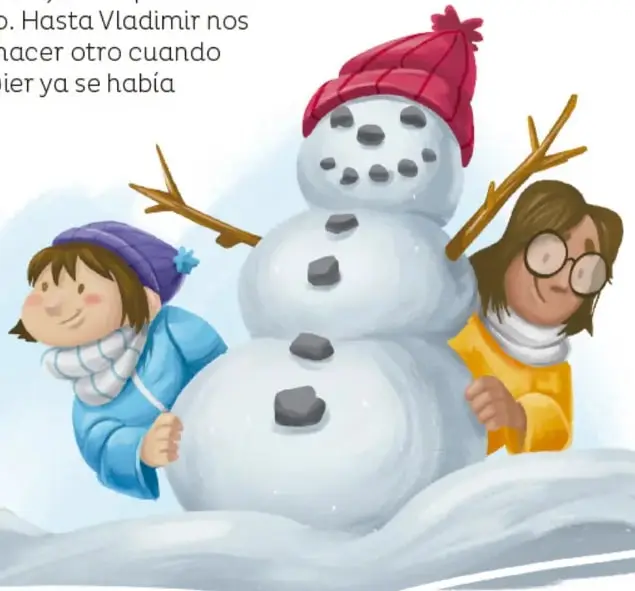 Ilustración de dos niños construyendo un muñeco de nieve con gorro rojo, ramas para brazos y ojos de carbón, en un paisaje nevado.