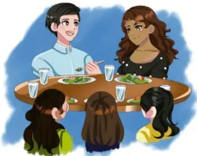 Ilustración de una familia reunida alrededor de una mesa compartiendo alimentos; al fondo se ven frutas y verduras.