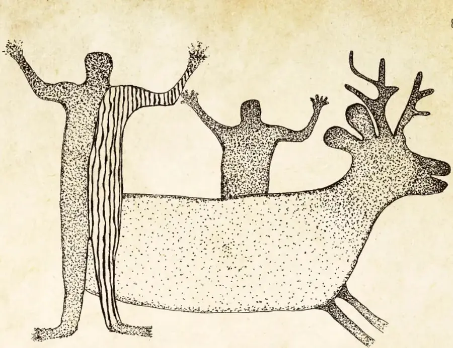 Dos figuras humanas con los brazos alzados junto a un venado de gran cornamenta, dibujadas con técnica de punteado y líneas verticales.