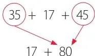 Diagramas de agrupación numérica: se unen 35 y 45 para formar 80, y luego se suma 17 para obtener 97.