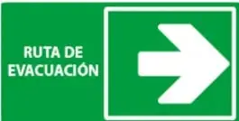 Señal verde rectangular con la leyenda 'RUTA DE EVACUACIÓN' y una flecha blanca hacia la derecha.