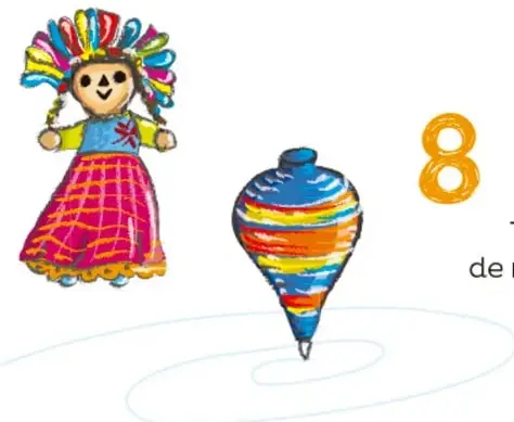 Muñeca de trapo con penacho y trompo de colores, símbolos del juego y la cultura mexicana.