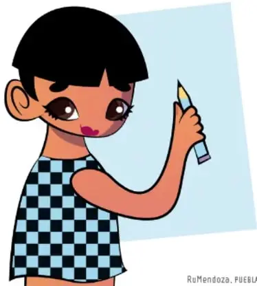 Ilustración de un estudiante (Ru Mendoza, PUEBLA) que sostiene un lápiz y escribe sobre una hoja.
