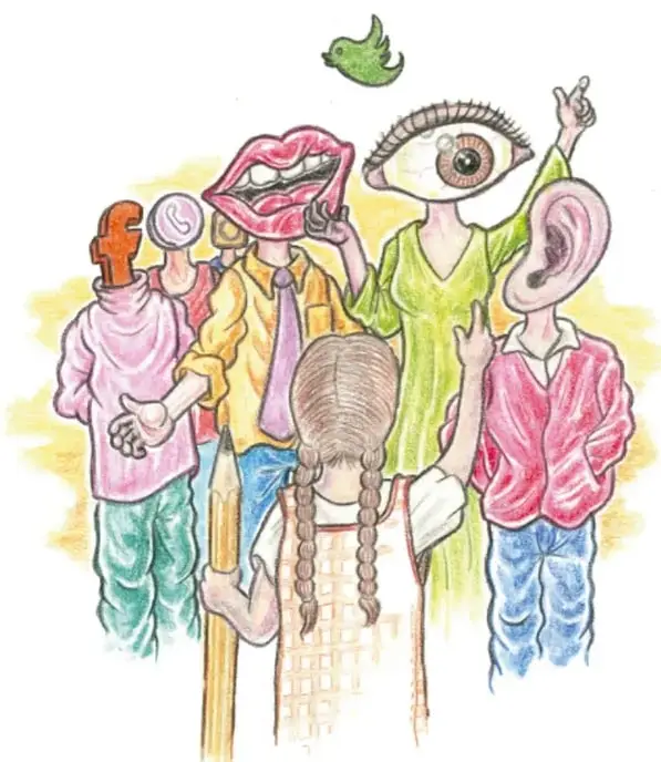 Ilustración de un grupo de personas con rasgos exagerados (boca, ojo, oreja grandes) representando la transmisión oral del mensaje.