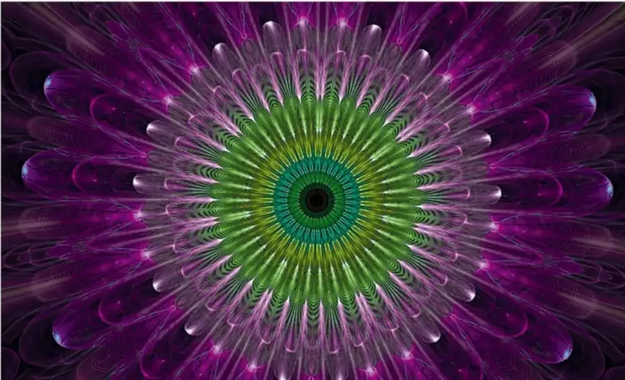 Título '¡Qué bello descubrimiento!' en letras moradas, rosas y naranjas con efecto de repetición múltiple que evoca la autosimilitud de los fractales.