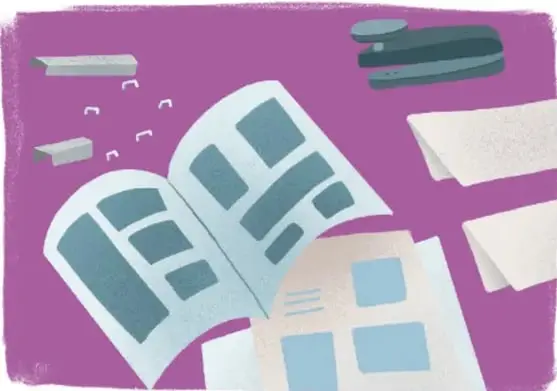 Ilustración de hojas de cómic, grapas, cinta y materiales de encuadernado sobre fondo morado.