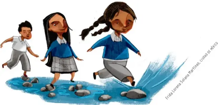 Ilustración de tres niños de uniforme cruzando sobre piedras en un arroyo, ilustración de Frida Lorena Solano Martínez.