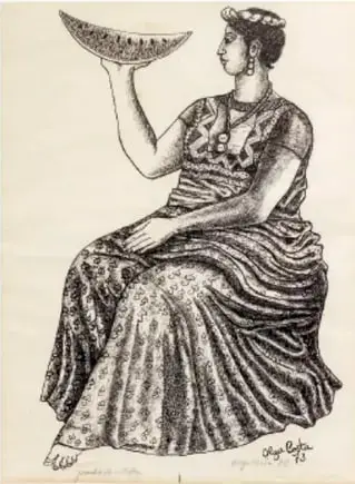 Dibujo "Oaxaqueña con sandía" (1973) de Olga Costa: mujer sentada con vestido floreado, sosteniendo en alto una rebanada de sandía; obra en blanco y negro.