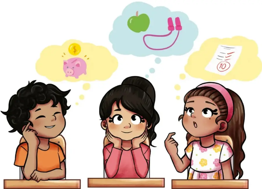 Ilustración de tres estudiantes (niño y dos niñas) sentados en sus pupitres pensando. Cada uno tiene un globo de pensamiento: el niño imagina una alcancía con monedas, la niña del centro una manzana y unos guantes de box, y la niña de la derecha una hoja de examen con un 10.