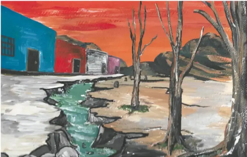 Pintura de un arroyo verde contaminado o agrietado frente a casas de colores (azul, roja, blanca) con árboles secos y un cielo anaranjado; firma: Abdón Pinedo García, Zacatecas.