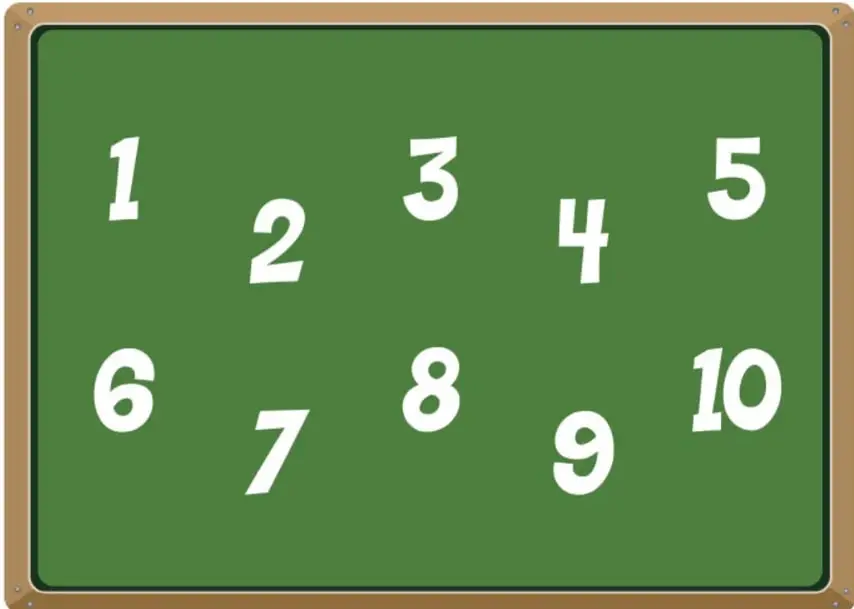 Pizarrón verde con los números del 1 al 10 escritos en blanco.