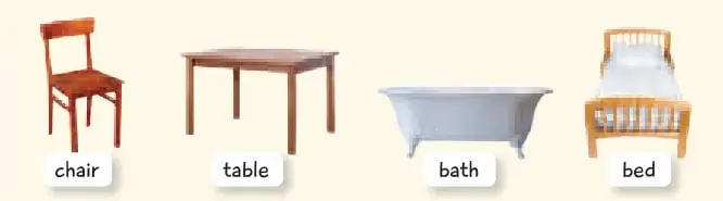 Cuatro ilustraciones de muebles: silla, mesa, bañera y cama, cada una con su etiqueta en inglés.
