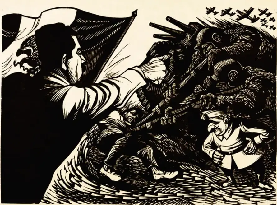 Grabado en blanco y negro de Alberto Beltrán que muestra a Lázaro Cárdenas sosteniendo la bandera de México y enfrentando a soldados armados, símbolo del apoyo mexicano a la República Española.