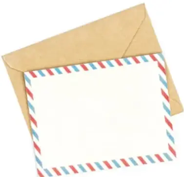 Ilustración de un sobre de papel kraft abierto con una hoja de carta de borde azul y rojo, que representa el envío de una carta.