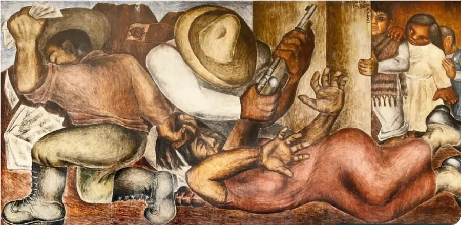 Mural de Aurora Reyes titulado *La maestra rural* (1936), que muestra a una maestra con campesinos y niños.
