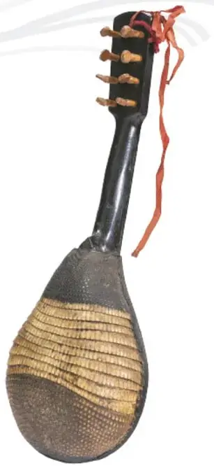 Fotografía de un charango: guitarra pequeña cuyo cuerpo es un caparazón de armadillo con cuerdas y clavijas de madera.