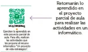 Lista de las 7 etapas del proyecto académico junto con dos códigos QR (Saberes disciplinares y videos detonadores).