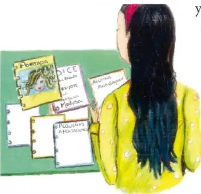 Ilustración de una niña de espaldas observando un mural con fragmentos literarios escritos en hojas de colores.