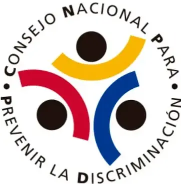 Emblema del Consejo Nacional para Prevenir la Discriminación (Conapred): tres círculos negros unidos por arcos amarillo, rojo y azul, con el nombre alrededor.