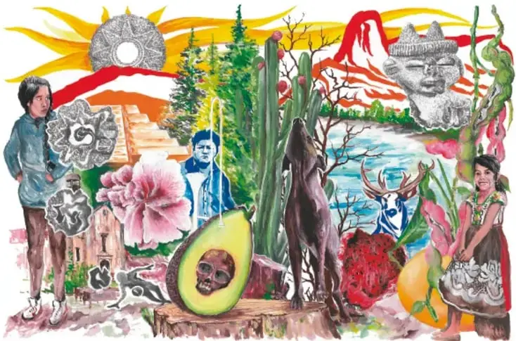 Ilustración artística con elementos de la identidad mexicana: sol, pirámides prehispánicas, cactus, venado, máscara de piedra, flores, aguacate,人物 indígenas y personaje contemporáneo, montañas y lago; obra de José Alfredo Jiménez Martínez de Michoacán.