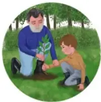 Adulto y niño sembrando una planta, símbolo del desarrollo sostenible entre generaciones.