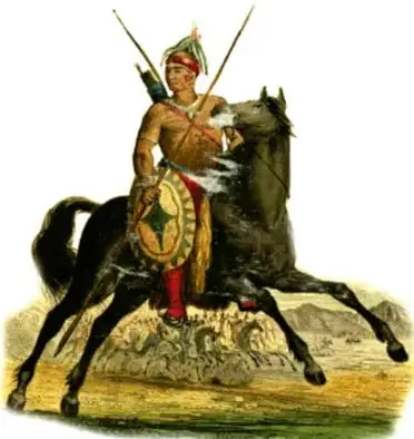 Ilustración de un guerrero nativo americano montado a caballo, con lanza y escudo, en un paisaje abierto.