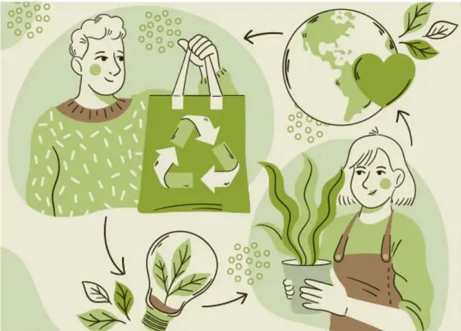 Ilustración con dos personas: una sostiene una bolsa ecológica con el símbolo de reciclaje y la otra una planta; incluye un planeta con forma de corazón, una bombilla con hojas y flechas que indican un ciclo, representando creatividad aplicada al cuidado del ambiente.