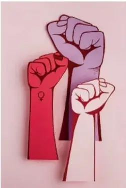 Ilustración de tres puños en alto (morado, rojo y rosa) con símbolo de mujer en la muñeca, sobre fondo rosa; símbolo de la lucha feminista.