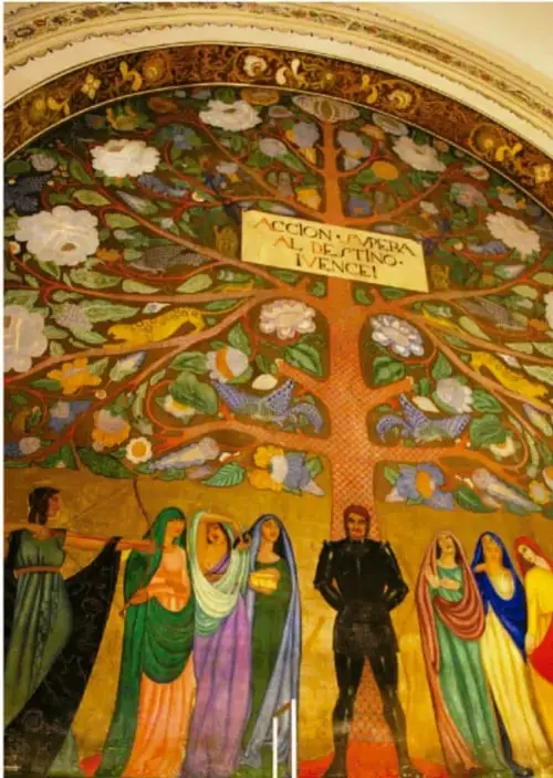 Mural *El árbol de la vida* de Roberto Montenegro: árbol floral con figuras humanas y la leyenda "Acción y palabra al destino, vencer".