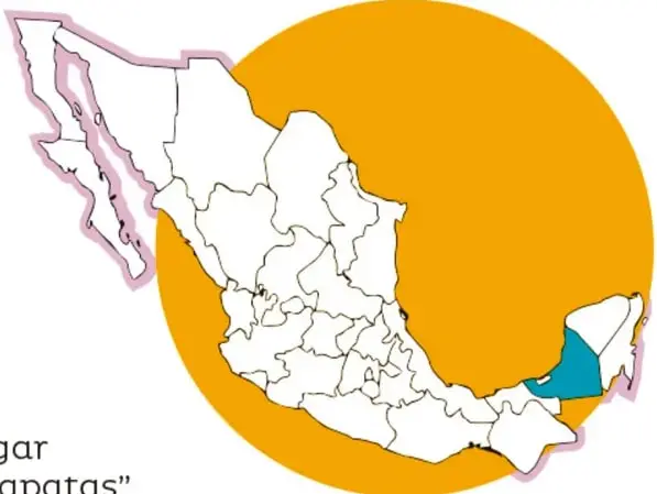 Mapa de México con división por estados; el estado de Campeche aparece resaltado en azul dentro de un círculo amarillo.