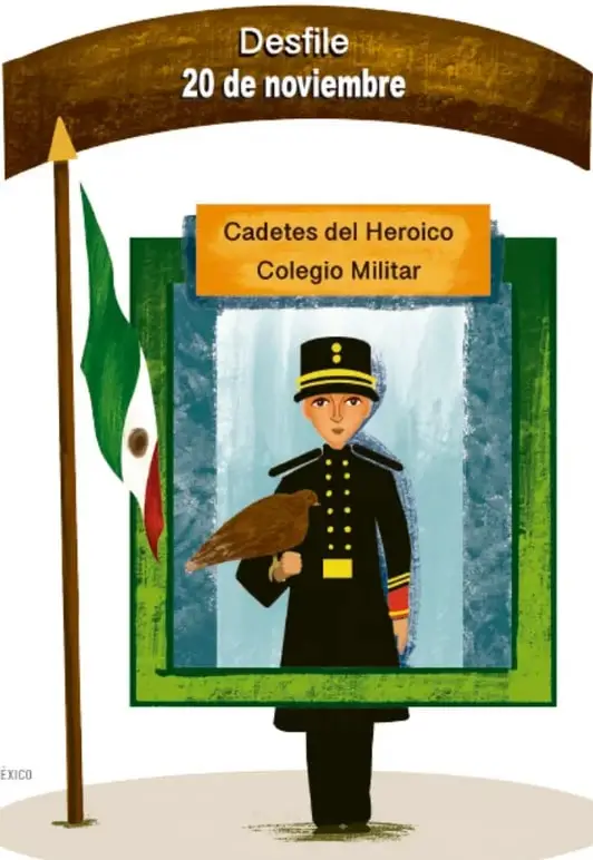 Ilustración de un cuadro vivo: un cadete del Heroico Colegio Militar sostiene un ave, junto a una bandera de México y un cartel que dice 'Desfile 20 de noviembre'.