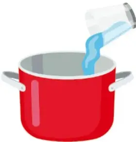 Ilustración de una olla roja a la que se le vierte agua desde un vaso, junto a una hornilla con flama azul.