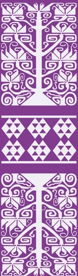 Patrón decorativo prehispánico en blanco sobre fondo morado con motivos geométricos y vegetales estilizados.