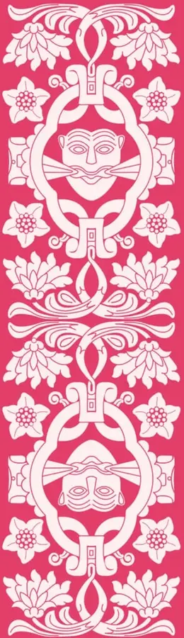 Ilustración decorativa en color rosa con motivos florales y dos rostros humanos estilizados enmarcados en óvalos, de estilo prehispánico.